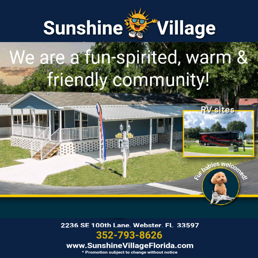 Sunshine Village is a fun-spirited MH & RV Community with a quiet countryside setting, pleanty of amenities and activities