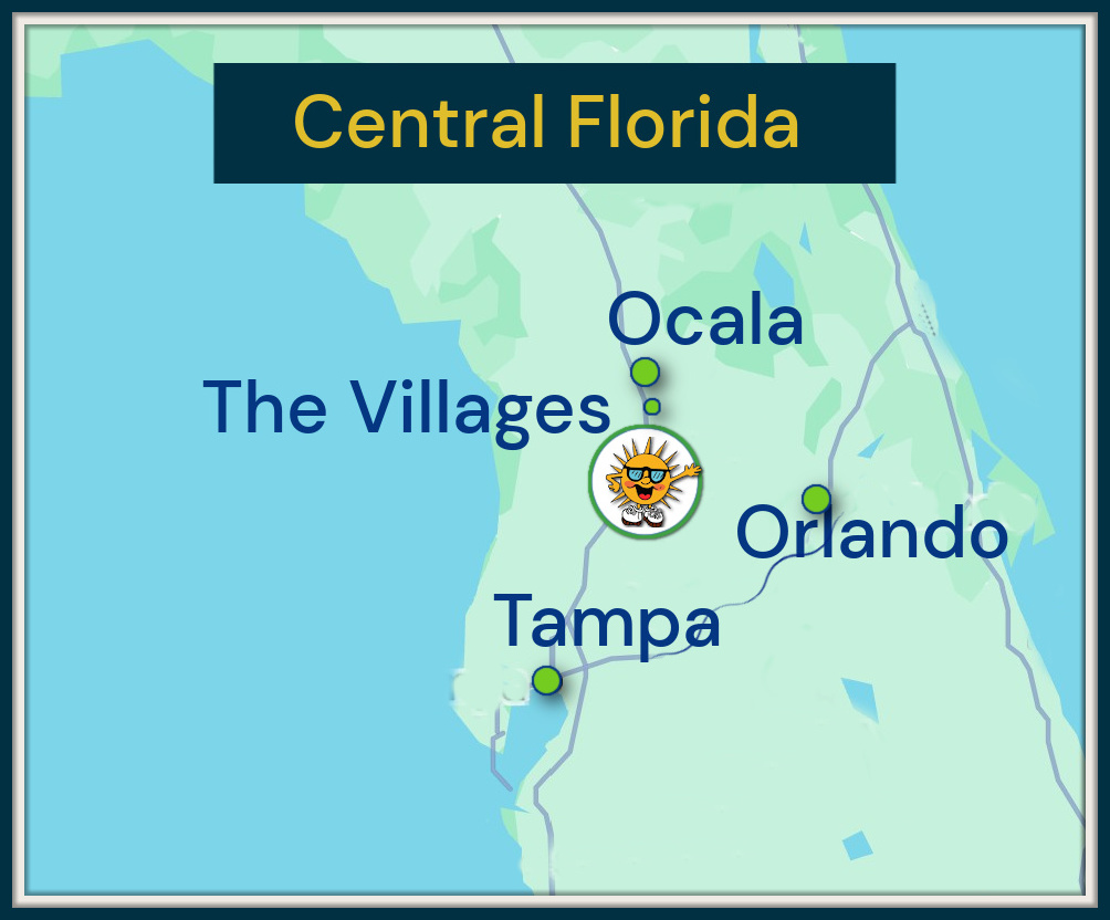 This Central Florida map shows the position of Sunshine Village in Webster, to The Villages, Ocala, Orlando and Tampa.