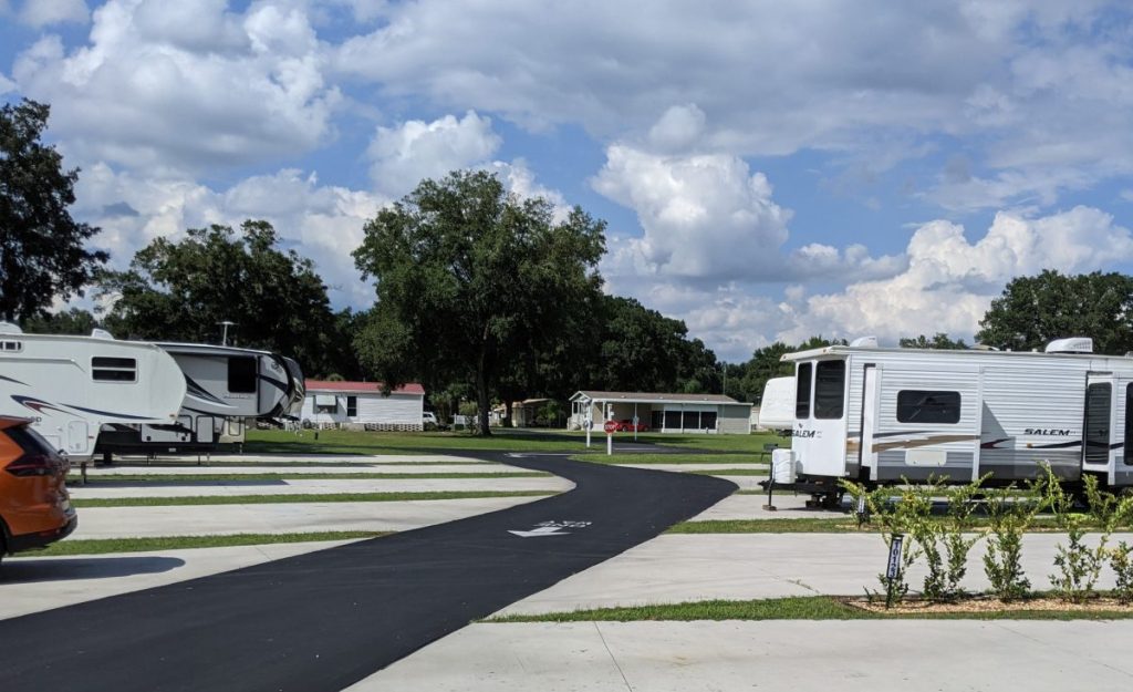 RV Center Court section for standard sites at Sunshine Village in Central Florida, Sumter county, near The Villages.