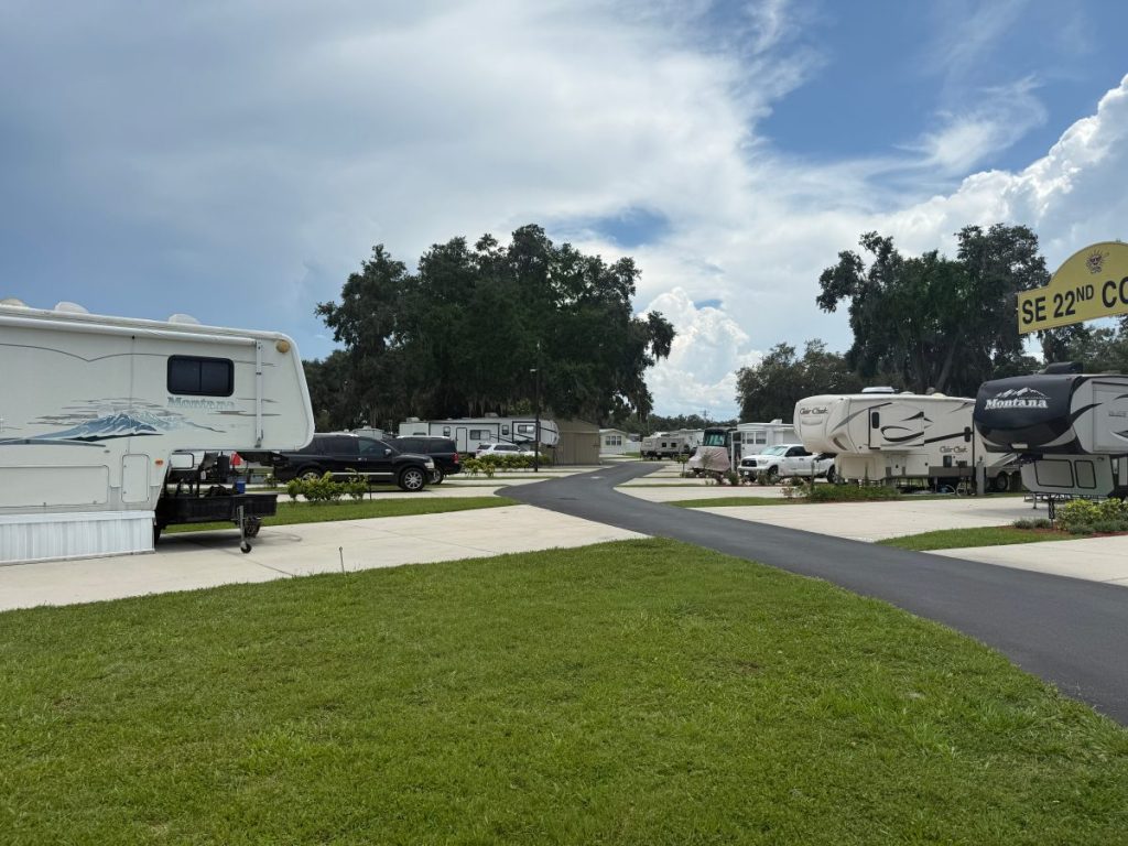 RV Center Court section for standard sites at Sunshine Village in Central Florida, Sumter county, near The Villages.