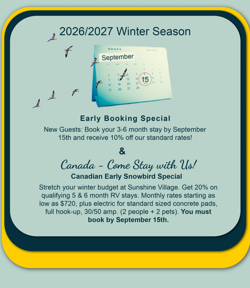2026/2027 Winter Season New Guests: Book your 3-6 month stay by September 1st, and receive 10<i class=